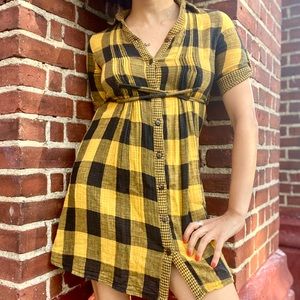 Black and yellow plaid tie waist shirt dress
